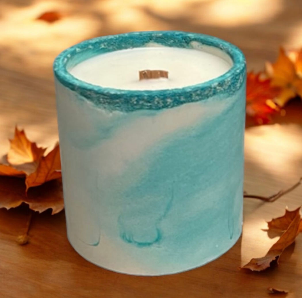 Frosted Juniper candle showing the cement vessel